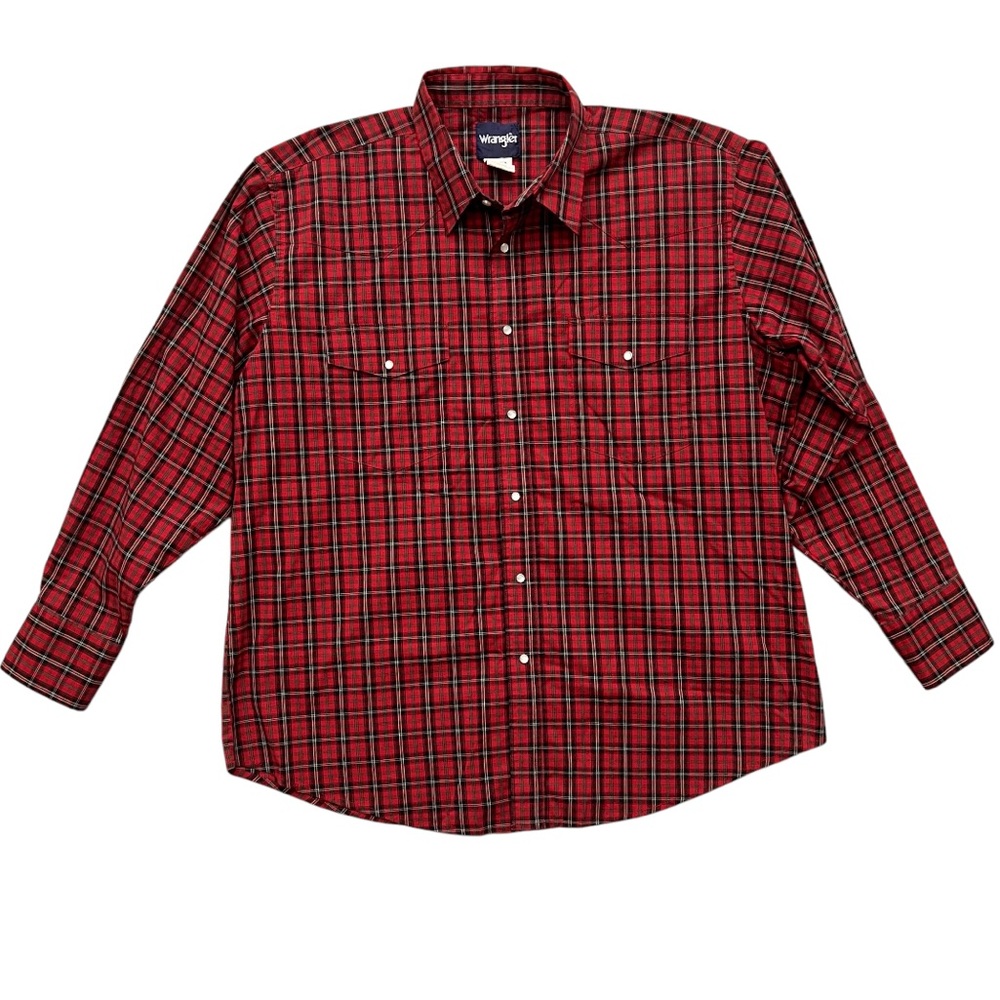 Wrangler Pearl Snap Shirt Men's 2XL Long Sleeve Red Gray Plaid Tartan Christmas